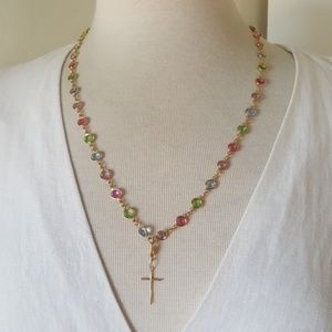 14k Anthropologie Multicolor Crystal Necklace with Cross Pendant
